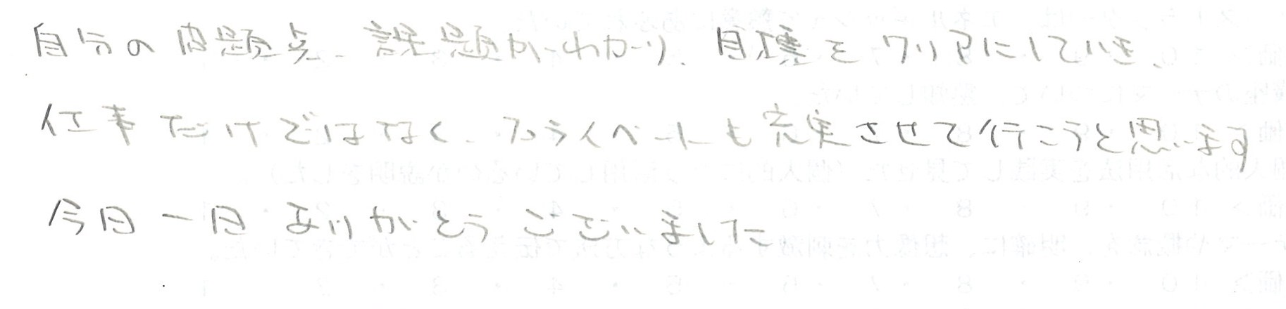 自分の問題点・課題が分かりました。目標をクリアにしていき、仕事だけでなくプライベートも充実させていこうと思います。